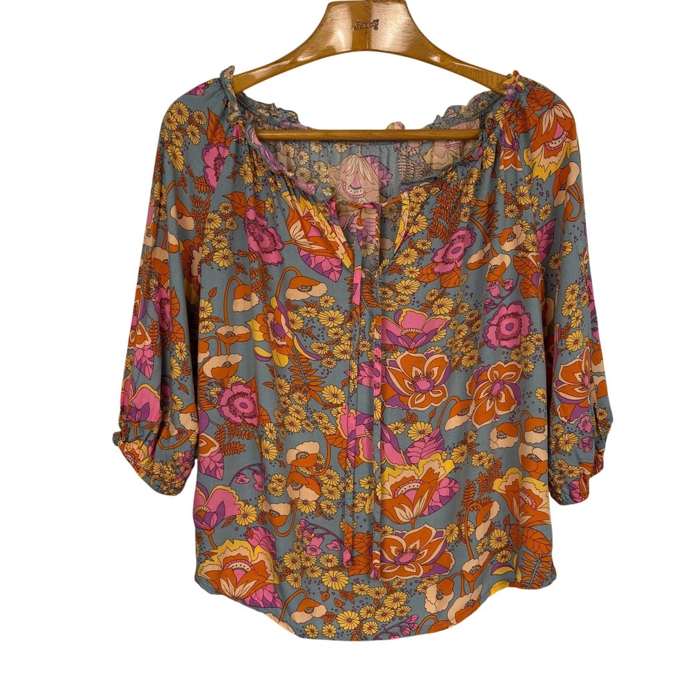 Womens Floral Boho Blouse Medium Sage Pink Orange Viscose Peasant Top Retro